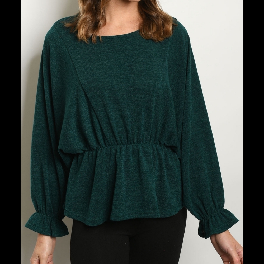 5 ⭐ hunter green boat neck smocked peplum long sleeve pullover top